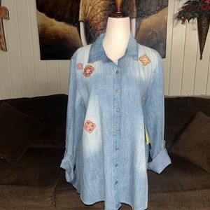 Multiples • Denim • Blue • Women’s • Medium • Blouse • Embroidery • Floral •New
